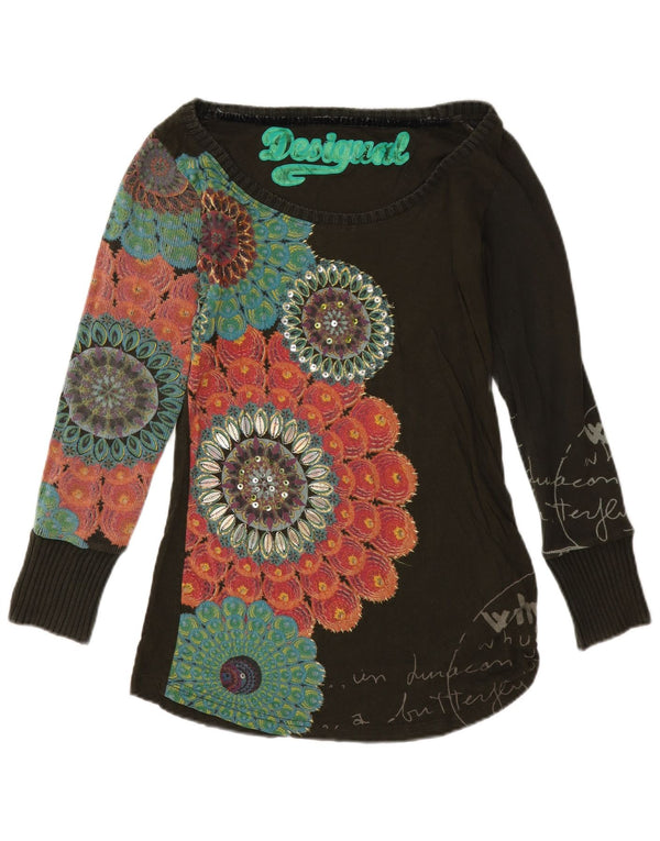 Desigual damski top graficzny z długim rękawem UK 12, średni czarny w kwiaty