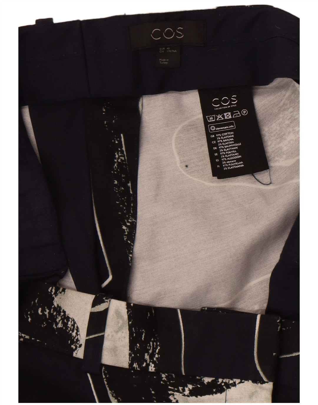 Cos Damskie spodnie Chino z abstrakcyjnym wzorem EU 40 Medium W34 L28 Granatowe
