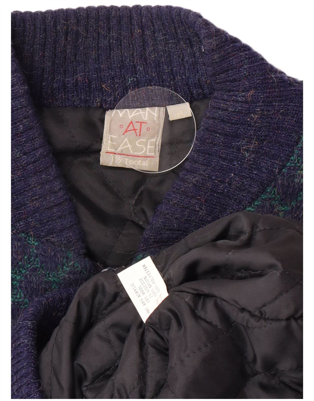 Vintage męska dzianinowa kurtka bomber UK 38 średni niebieski geometryczny akryl retro