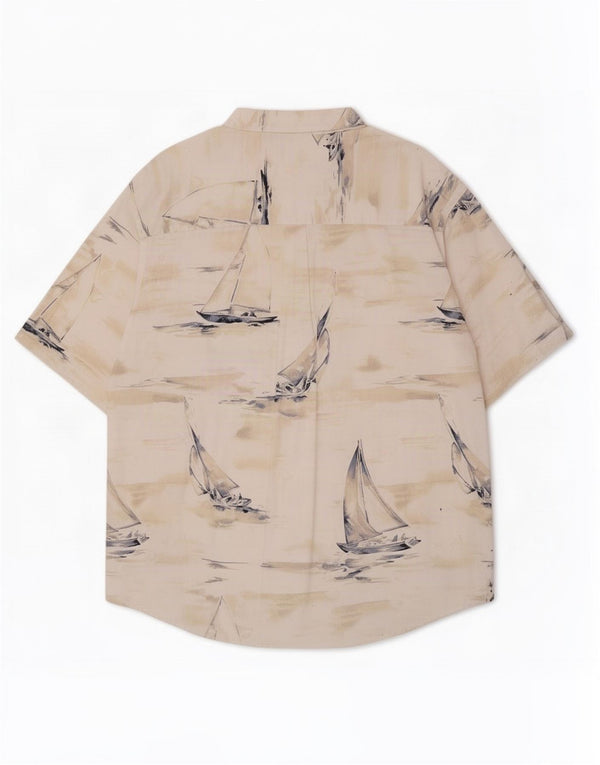 Purytańska męska koszula z krótkim rękawem w abstrakcyjny wzór, 2XL, beżowa bawełna