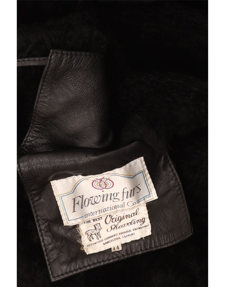 Damski płaszcz z owczej skóry w stylu vintage IT 44 Średni czarny futrzany wzór w kwiaty