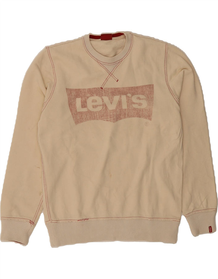 LEVI'S Mens Graphic Sweatshirt Jumper Small Beige Cotton Vintage Levi's and Second-Hand Levi's from Messina Hembry 