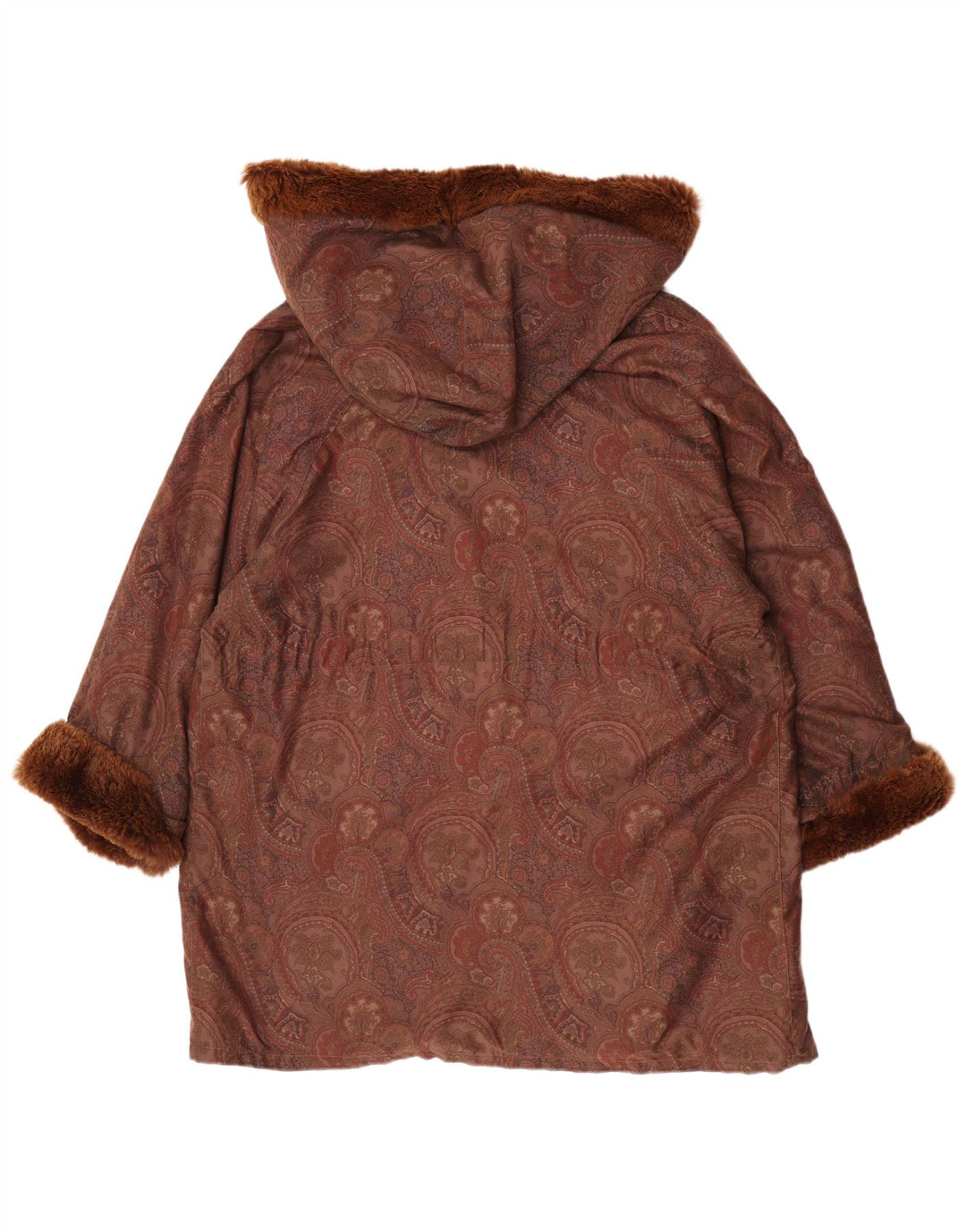 Vintage damski płaszcz oversize z kapturem, EU 42, duży, brązowy, wełniany paisley
