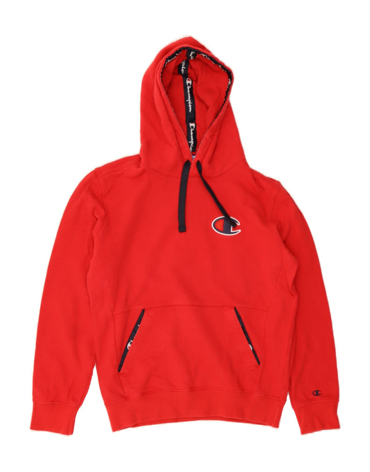 CHAMPION Mens Graphic Hoodie Jumper Medium Red Cotton Vintage Champion and Second-Hand Champion from Messina Hembry 