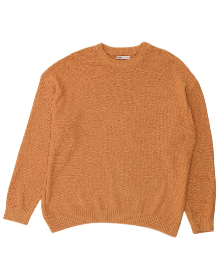 Męski sweter Zara z okrągłym dekoltem, duży, pomarańczowy, bawełniany
