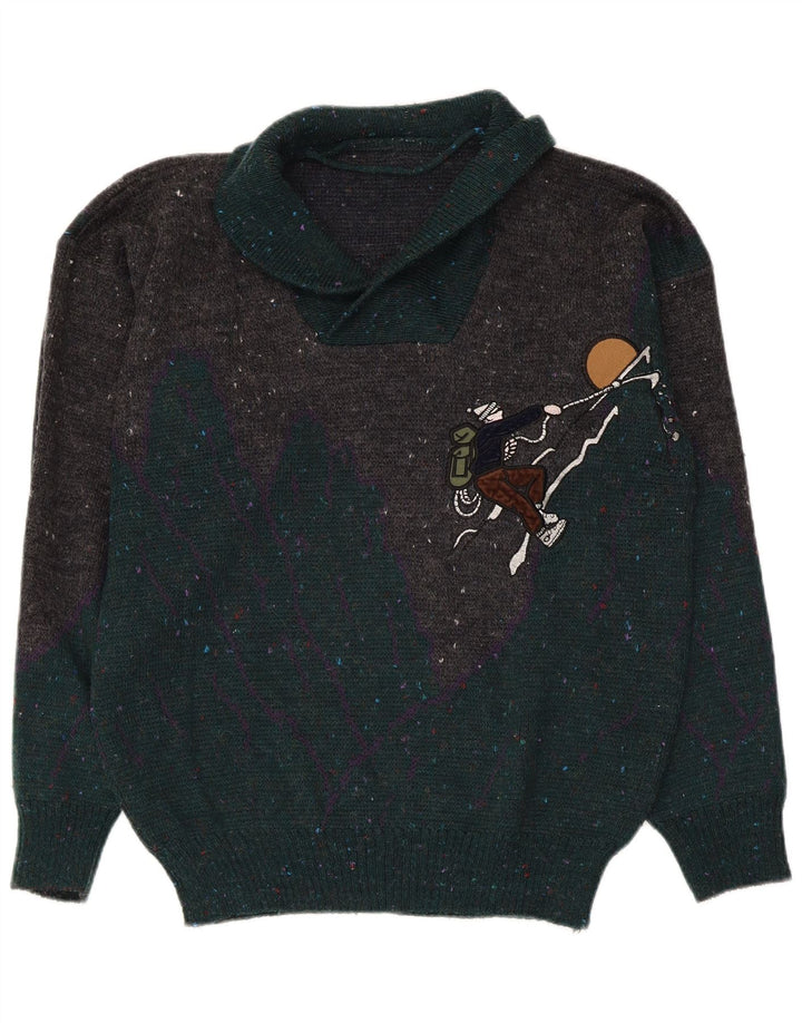Męski sweter w stylu vintage z graficznym szalowym dekoltem, średni, wielokolorowy, nakrapiany