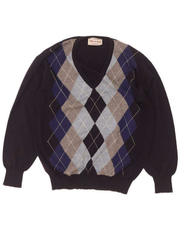 Męski sweter w stylu vintage z dekoltem w szpic IT 48 Średni granatowy Argyle/Diament