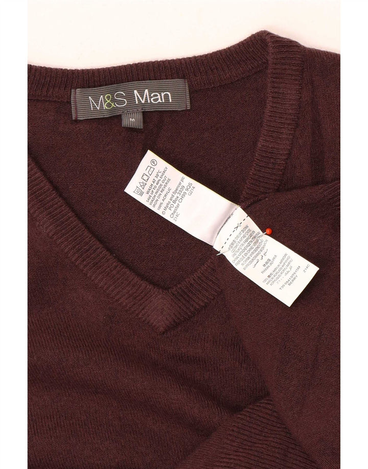 Marks & Spencer Męski sweter z dekoltem w kształcie litery V, średniobrązowy, akrylowy
