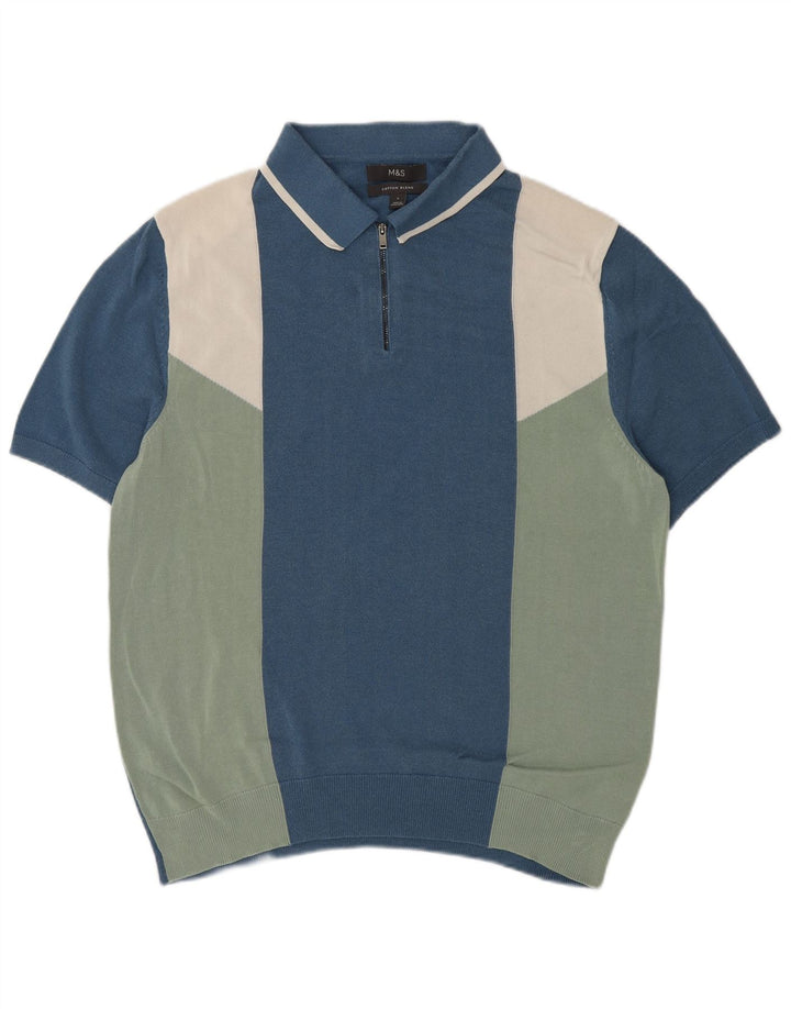Marks & Spencer Męski sweter polo z kołnierzem, duży, niebieski, z blokami kolorów