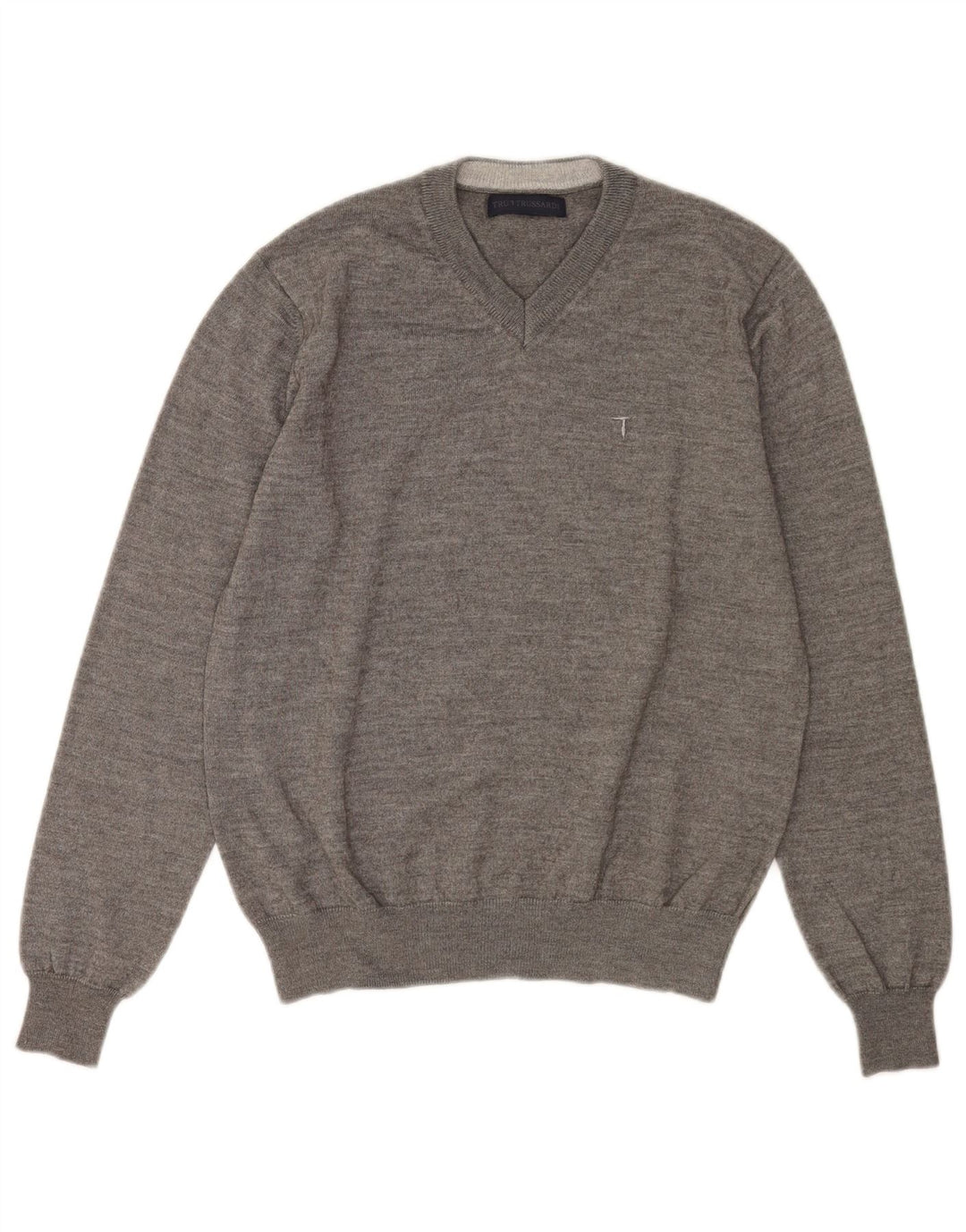Męski sweter Trussardi z dekoltem w kształcie litery V, średnioszary, wełniany w cętki