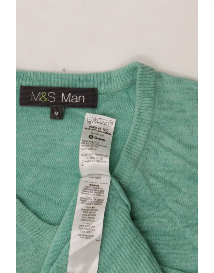 MARKS & SPENCER Męski sweter z dekoltem w kształcie litery V, średni zielony akryl