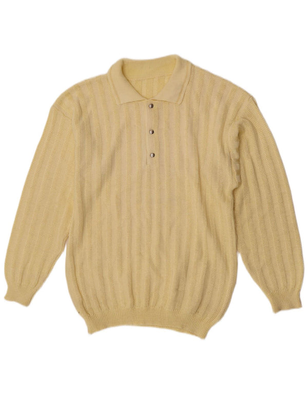 Vintage męski sweter polo z dekoltem w duże żółte paski