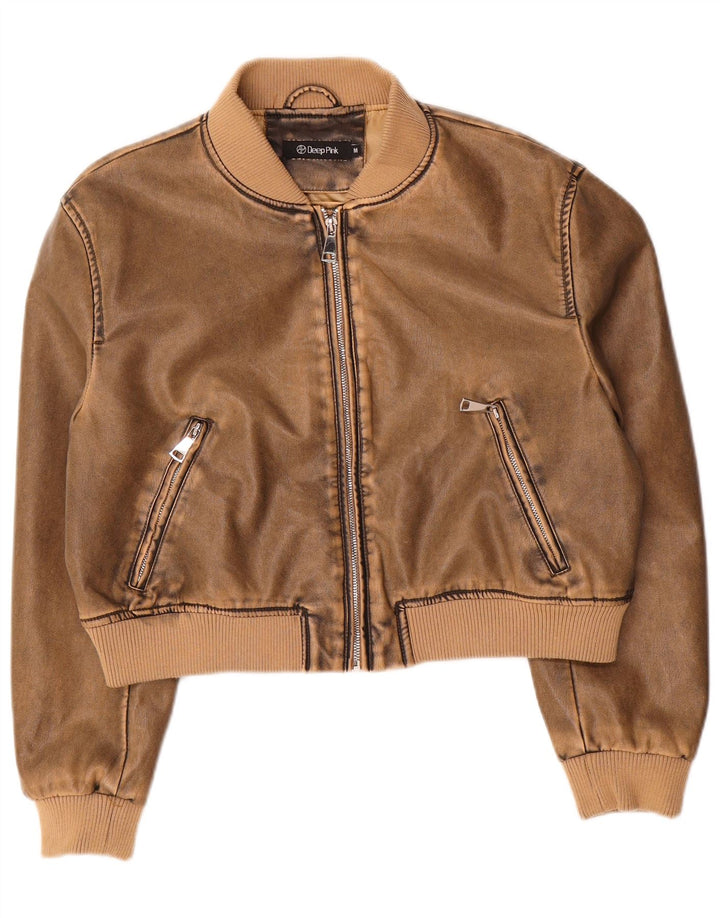 Vintage damska kurtka bomber ze sztucznej skóry UK 14, średni brąz