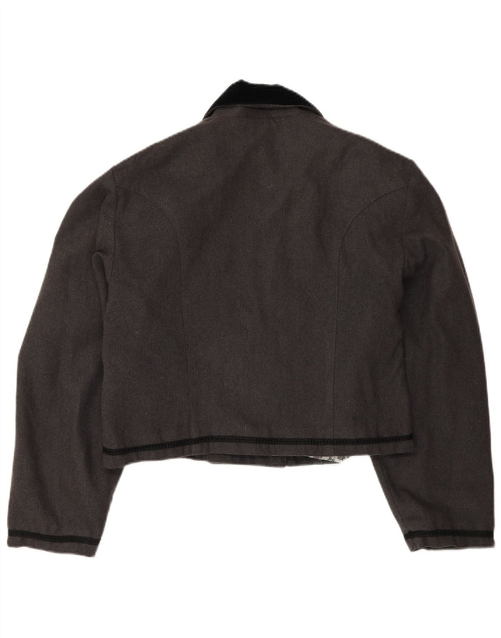 Damska marynarka w stylu vintage, krótka, UK 14, średnioszara, z blokami kolorów