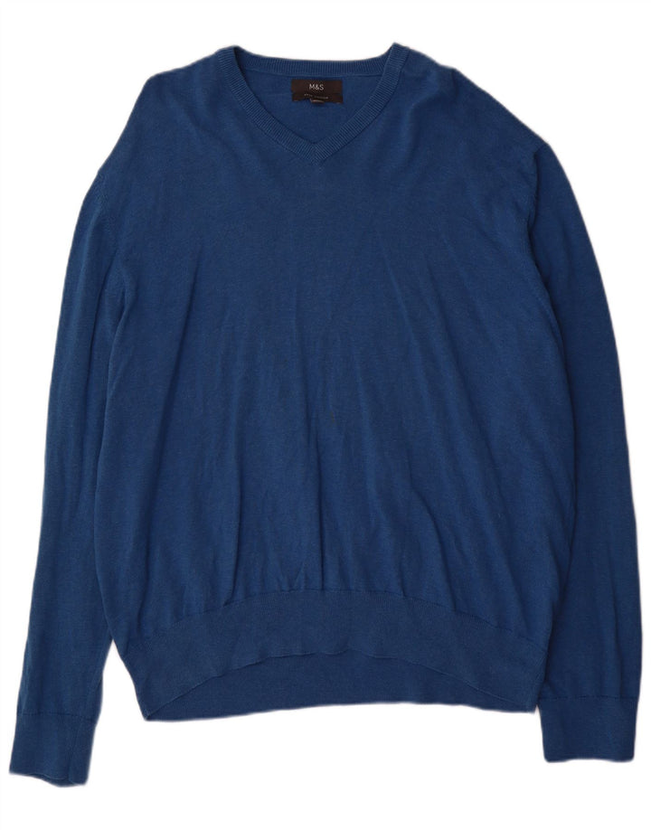 Marks & Spencer Męski sweter z dekoltem w kształcie litery V, 3XL, niebieski, bawełniany