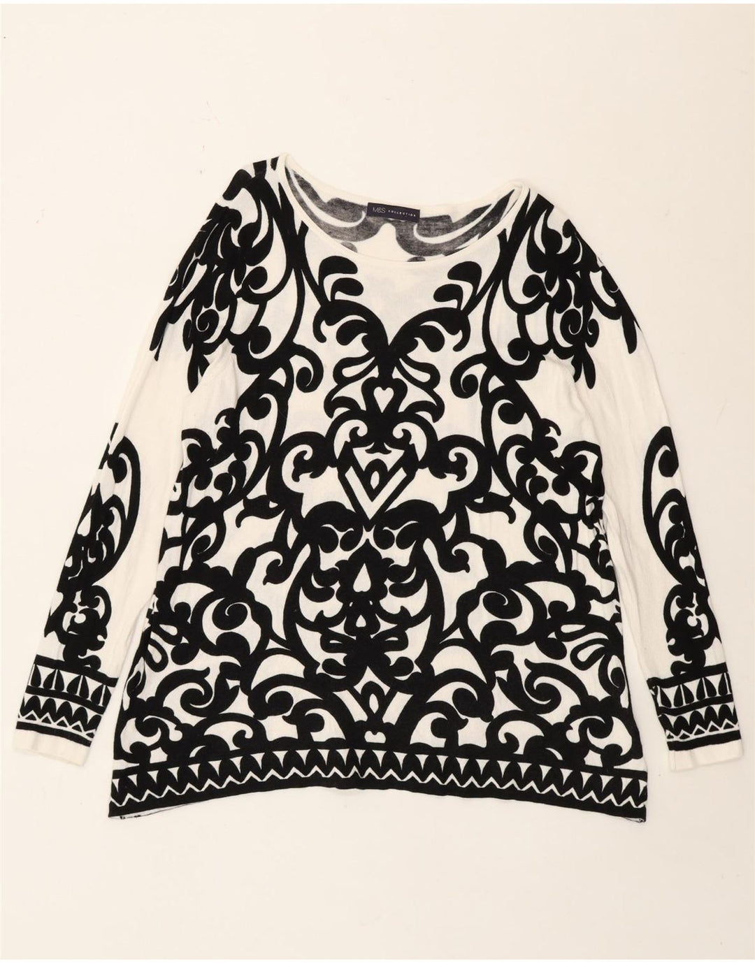 Marks & Spencer Damski top z długim rękawem UK 16, duży, biały, wiskoza Paisley