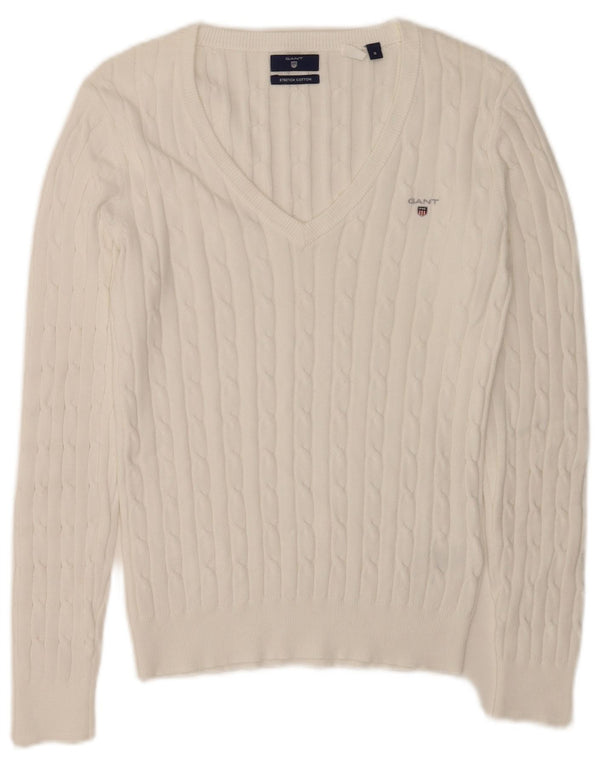 Sweter damski Gant z dekoltem w kształcie litery V, UK 10, mały, biały, bawełniany