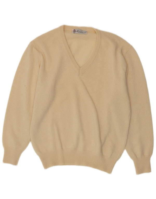 Sweter męski w stylu vintage z dekoltem w szpic, średnio beżowy, z owczej wełny
