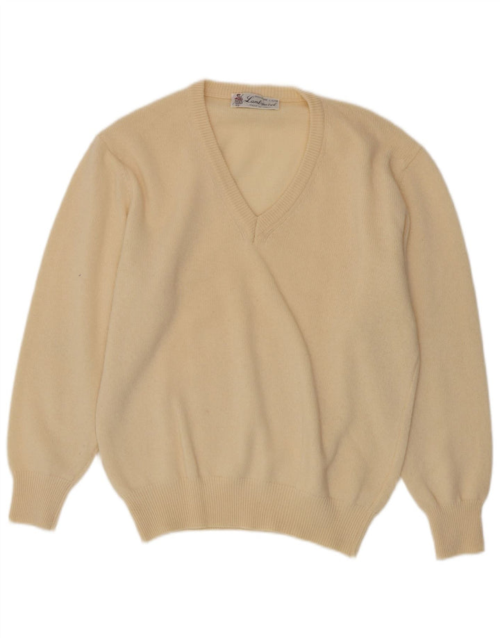 Sweter męski w stylu vintage z dekoltem w szpic, średnio beżowy, z owczej wełny