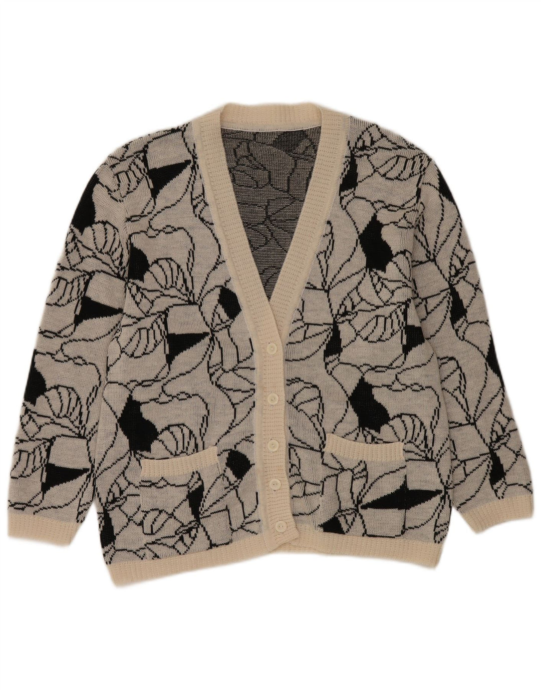 Vintage damski sweter rozpinany w abstrakcyjny wzór UK 14, duży szary