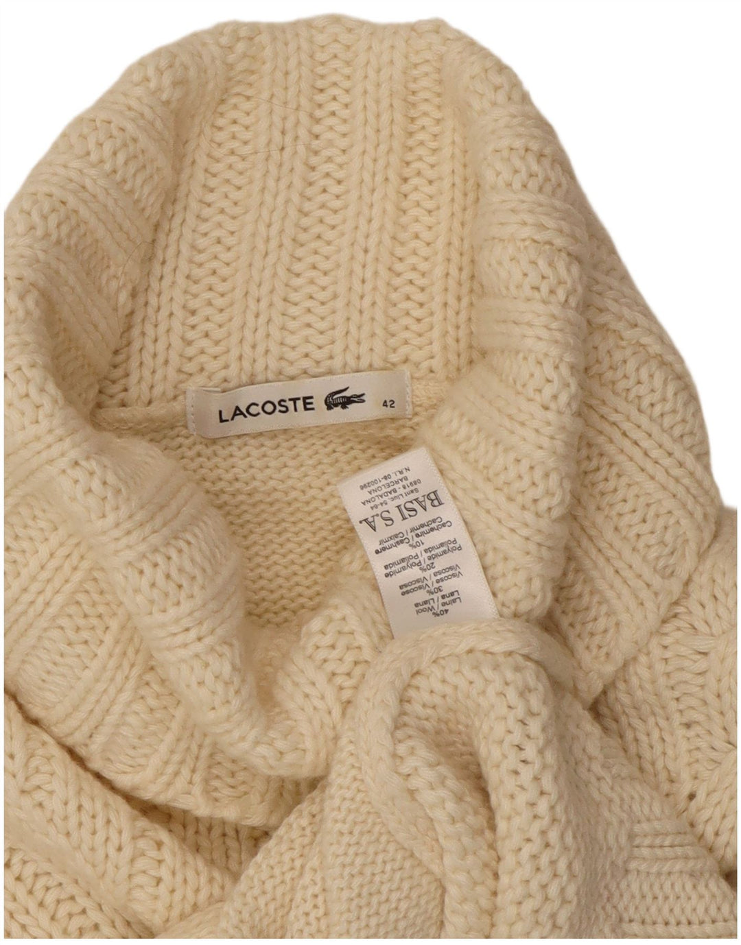 Lacoste Damski sweter z golfem, rozmiar 42, duży, z białej wełny