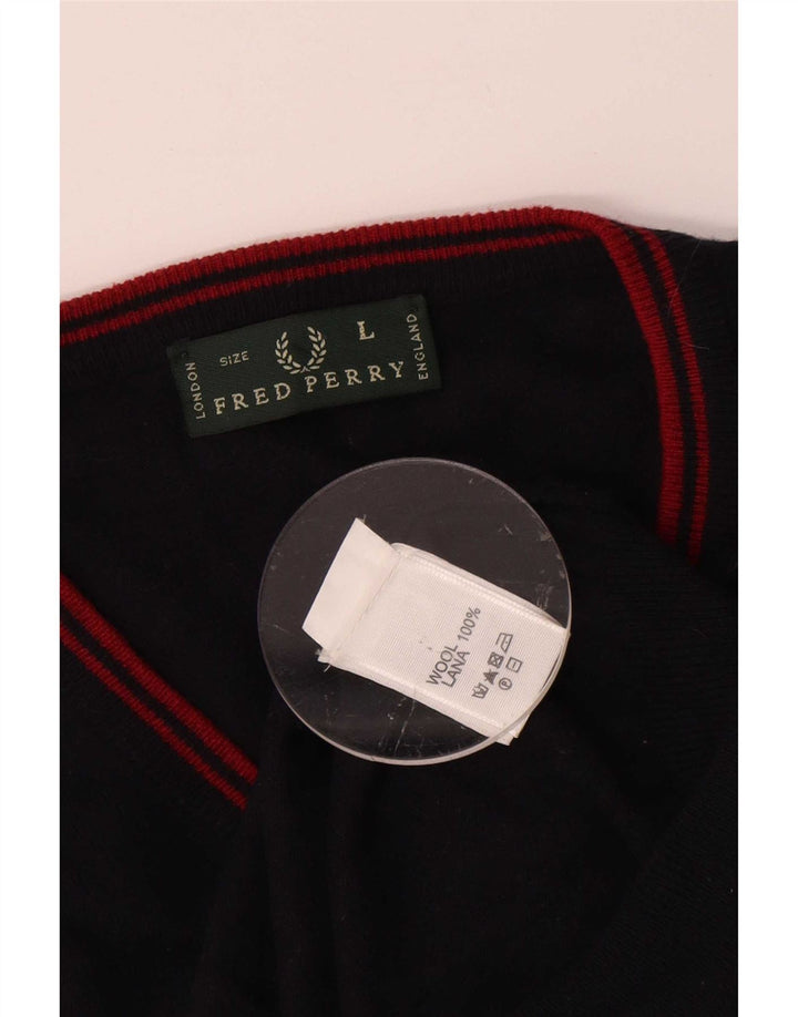 Męski sweter Fred Perry z dekoltem w kształcie litery V, duży, granatowy, wełniany
