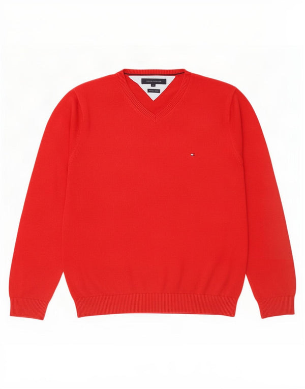 Męski sweter Tommy Hilfiger z dekoltem w kształcie litery V, duży, czerwony, bawełniany