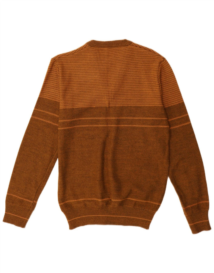 Vintage męski sweter z dekoltem w kształcie litery V, średni brązowy akryl w paski