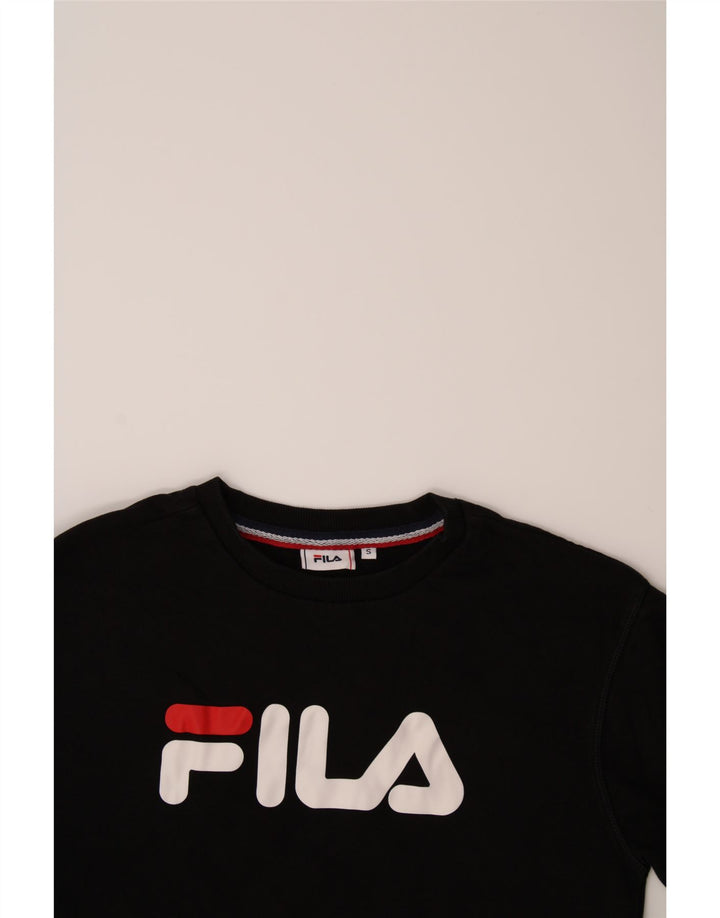 FILA Mens Graphic Sweatshirt Jumper Small Black Vintage Fila and Second-Hand Fila from Messina Hembry 