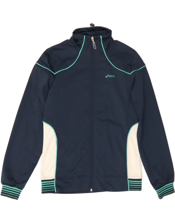 ASICS Womens Tracksuit Top Jacket UK 10 Small Navy Blue Colourblock Vintage Asics and Second-Hand Asics from Messina Hembry 