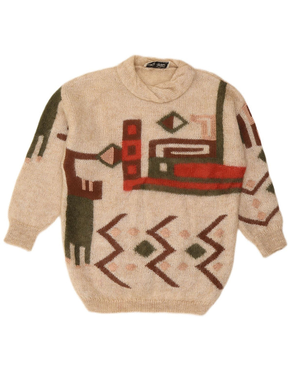 Damski sweter z golfem Niki Line UK 16, duży, beżowy, geometryczny, wełniany