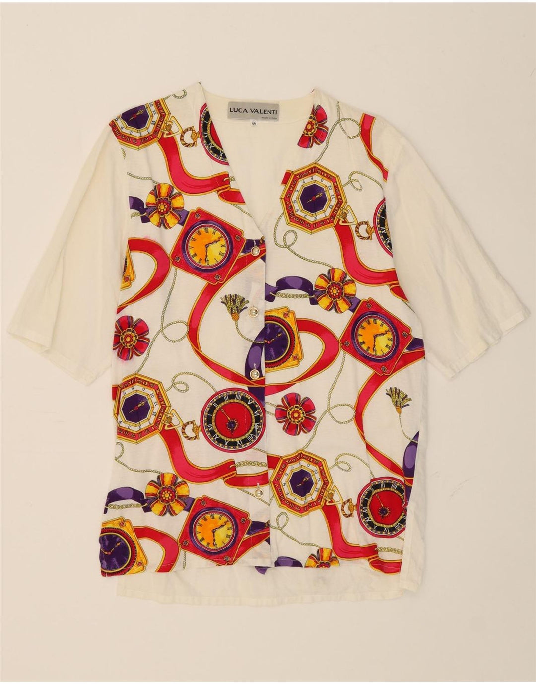 VINTAGE Womens Abstract Pattern Shirt Blouse IT 44 Medium White Linen Vintage Vintage and Second-Hand Vintage from Messina Hembry 