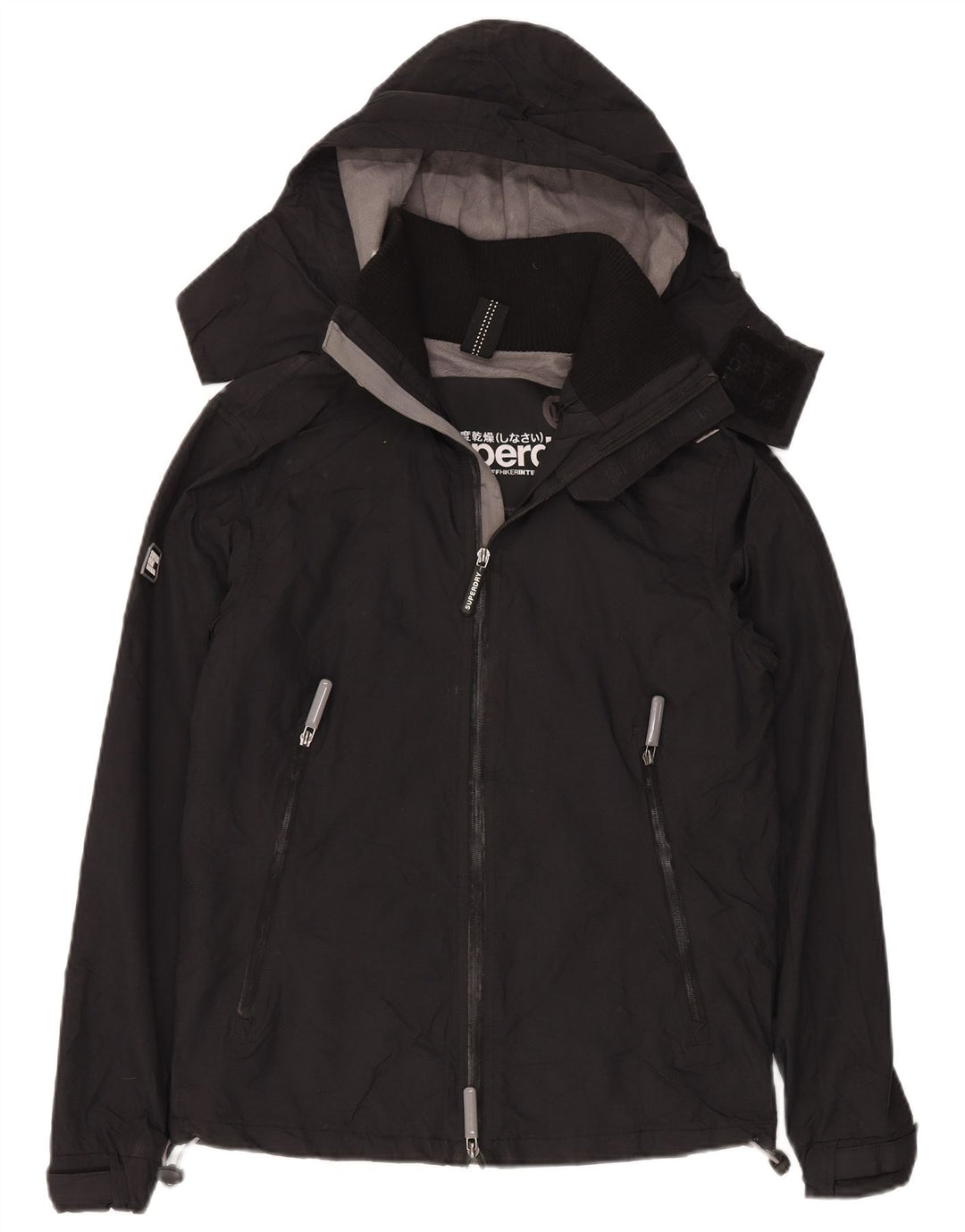 Damska kurtka wiatrówka z kapturem Superdry UK 14, średni czarny nylon