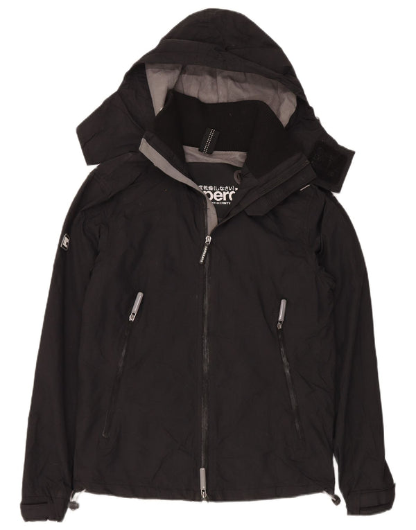 Damska kurtka wiatrówka z kapturem Superdry UK 14, średni czarny nylon