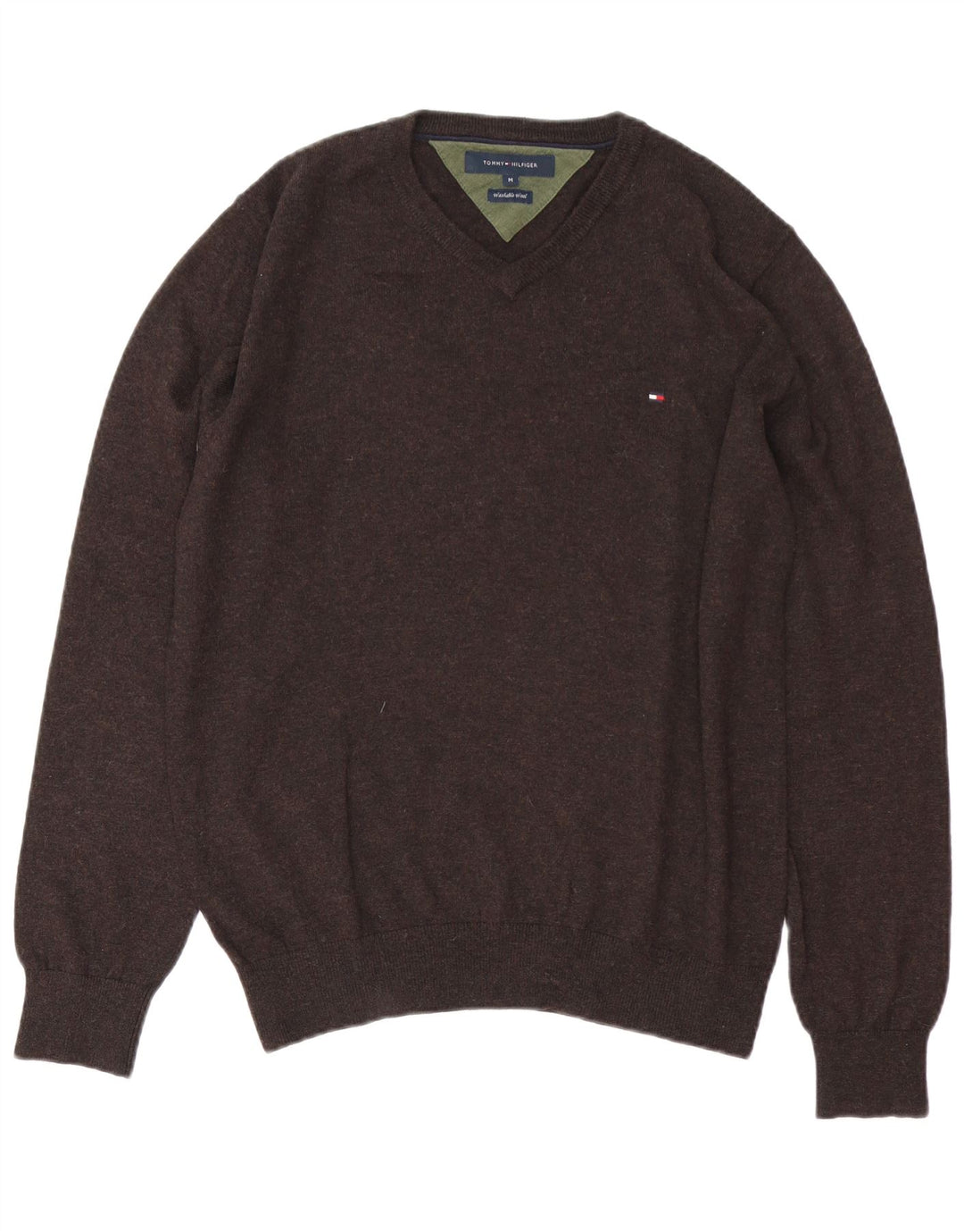Męski sweter Tommy Hilfiger z dekoltem w kształcie litery V, średniej wielkości brązowa wełna