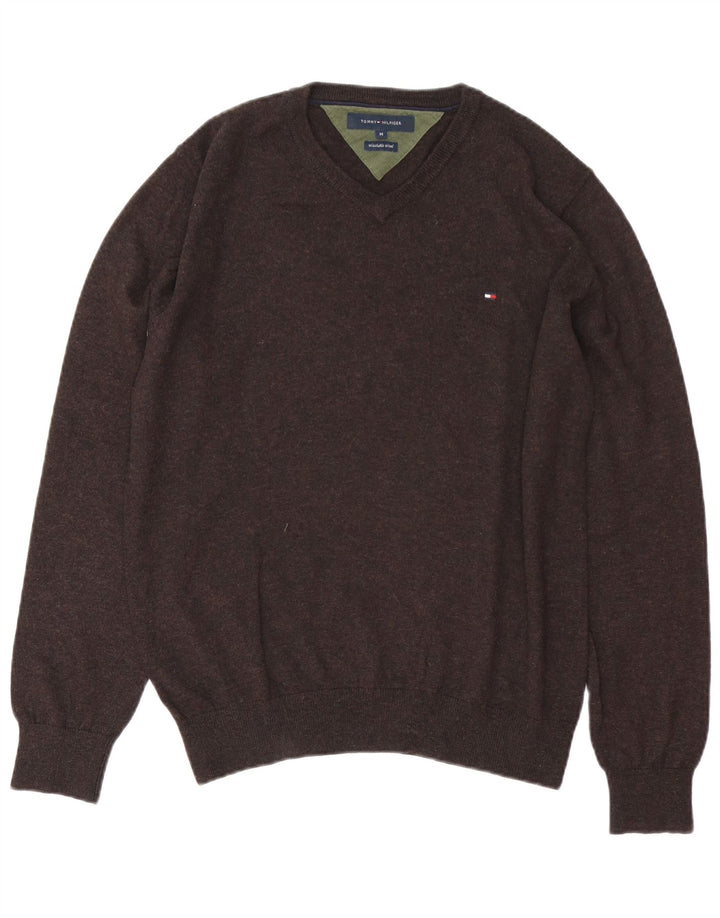 Męski sweter Tommy Hilfiger z dekoltem w kształcie litery V, średniej wielkości brązowa wełna
