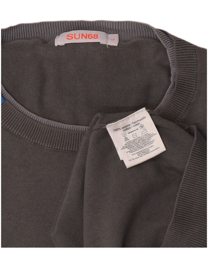 Męski sweter z wycięciem pod szyją Sun68, duży, szary, bawełniany