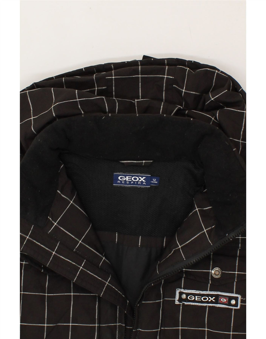GEOX Boys Hooded Rain Jacket 11-12 Years Black Check Polyester Vintage Geox and Second-Hand Geox from Messina Hembry 