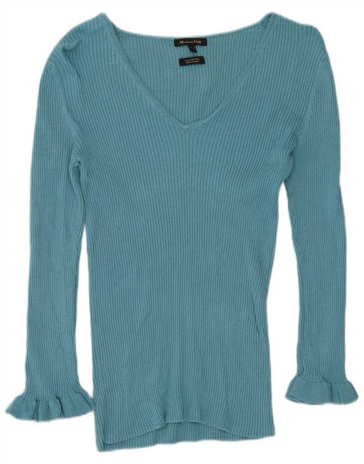 Sweter damski Massimo Dutti z dekoltem w kształcie litery V, UK 12, średni niebieski jedwab