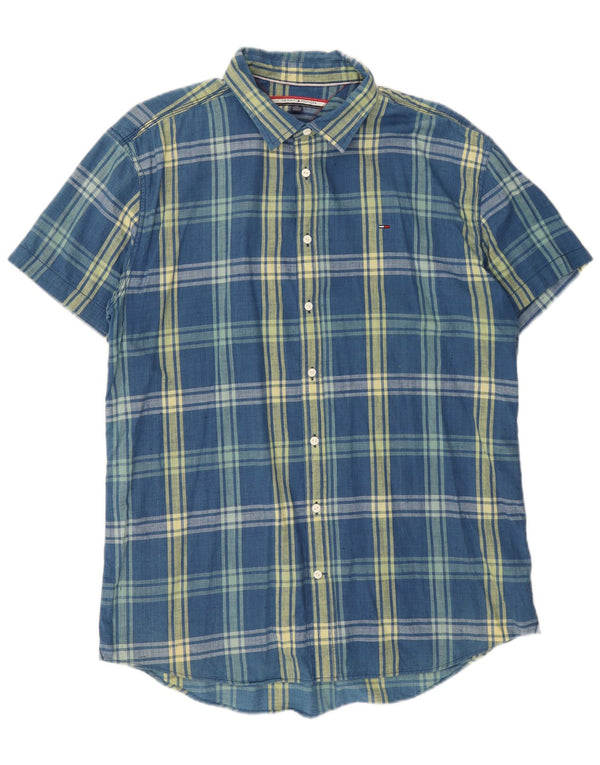 Męska koszula z krótkim rękawem Tommy Hilfiger 2XL, bawełniana niebieska krata