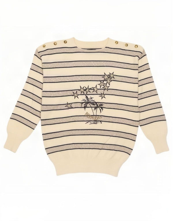 Vintage damski sweter z graficznym wycięciem pod szyją IT 46 w duże białe paski