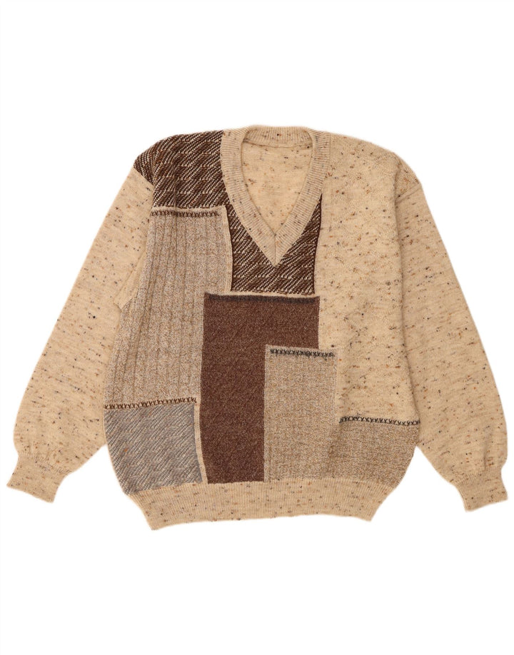 Męski sweter w stylu vintage z dekoltem w szpic IT 48 Średni beżowy wełniany blok kolorów