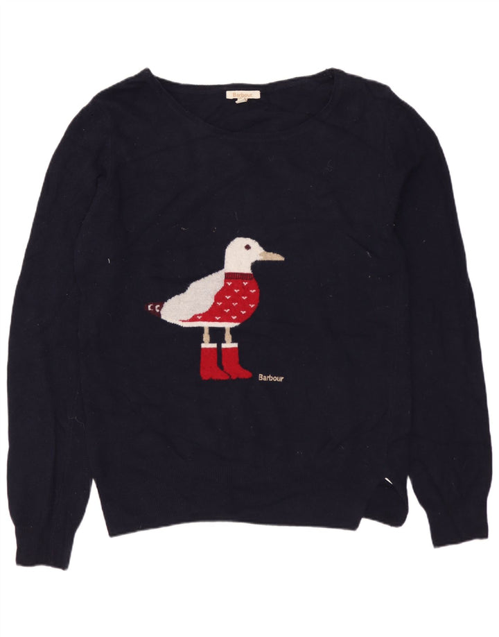 Damski sweter BARBOUR z graficznym dekoltem w łódkę UK 10, mały, granatowy, wełniany