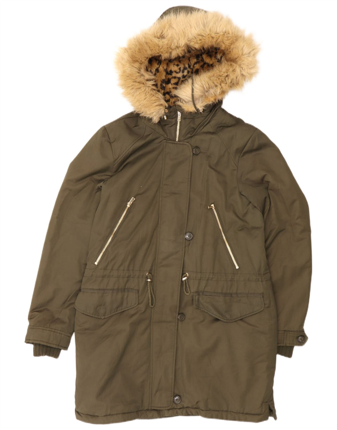 Damska kurtka parka z kapturem Zara UK 14, średni khaki, poliester