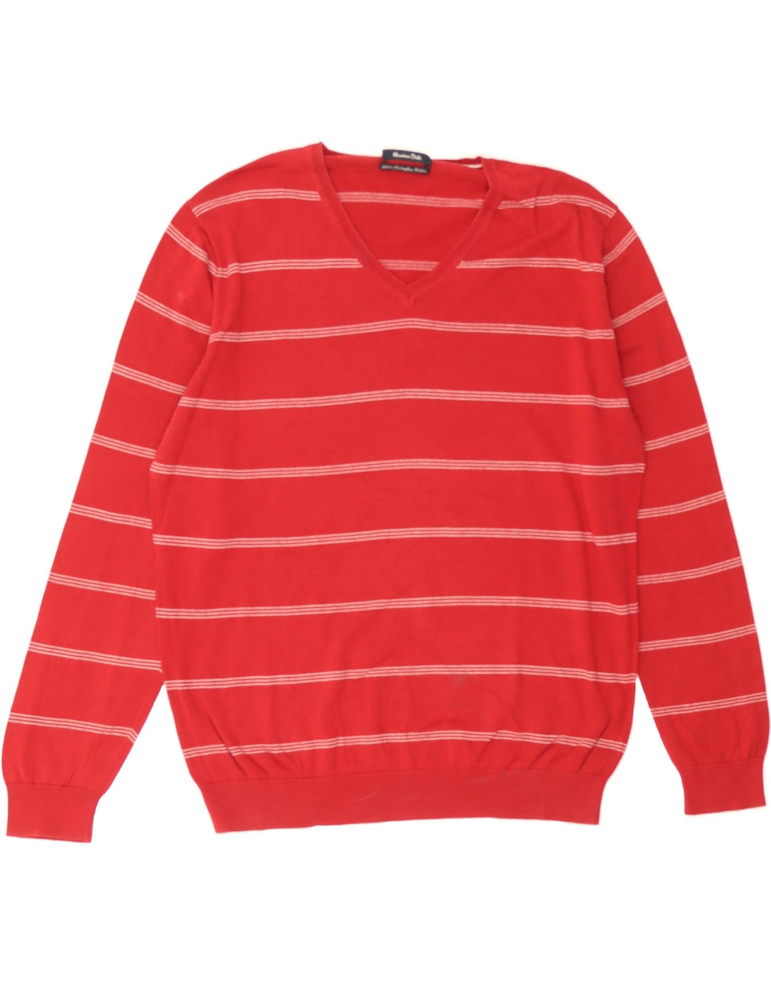 MASSIMO DUTTI Mens V-Neck Jumper Sweater Large Red Striped Cotton Vintage Massimo Dutti and Second-Hand Massimo Dutti from Messina Hembry 