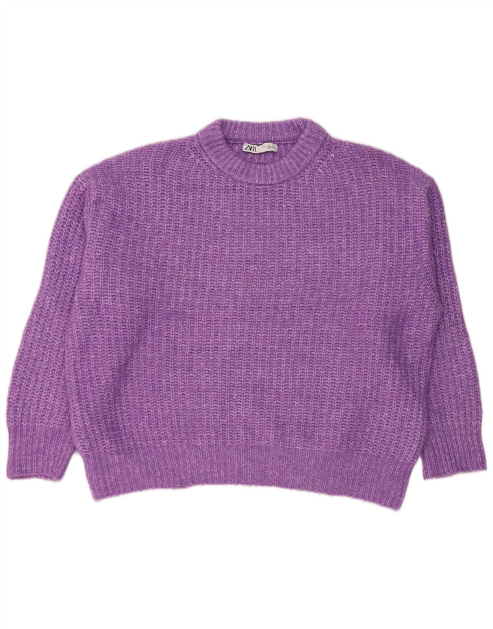 Damski sweter oversize Zara z okrągłym dekoltem UK 16, duży fioletowy poliester