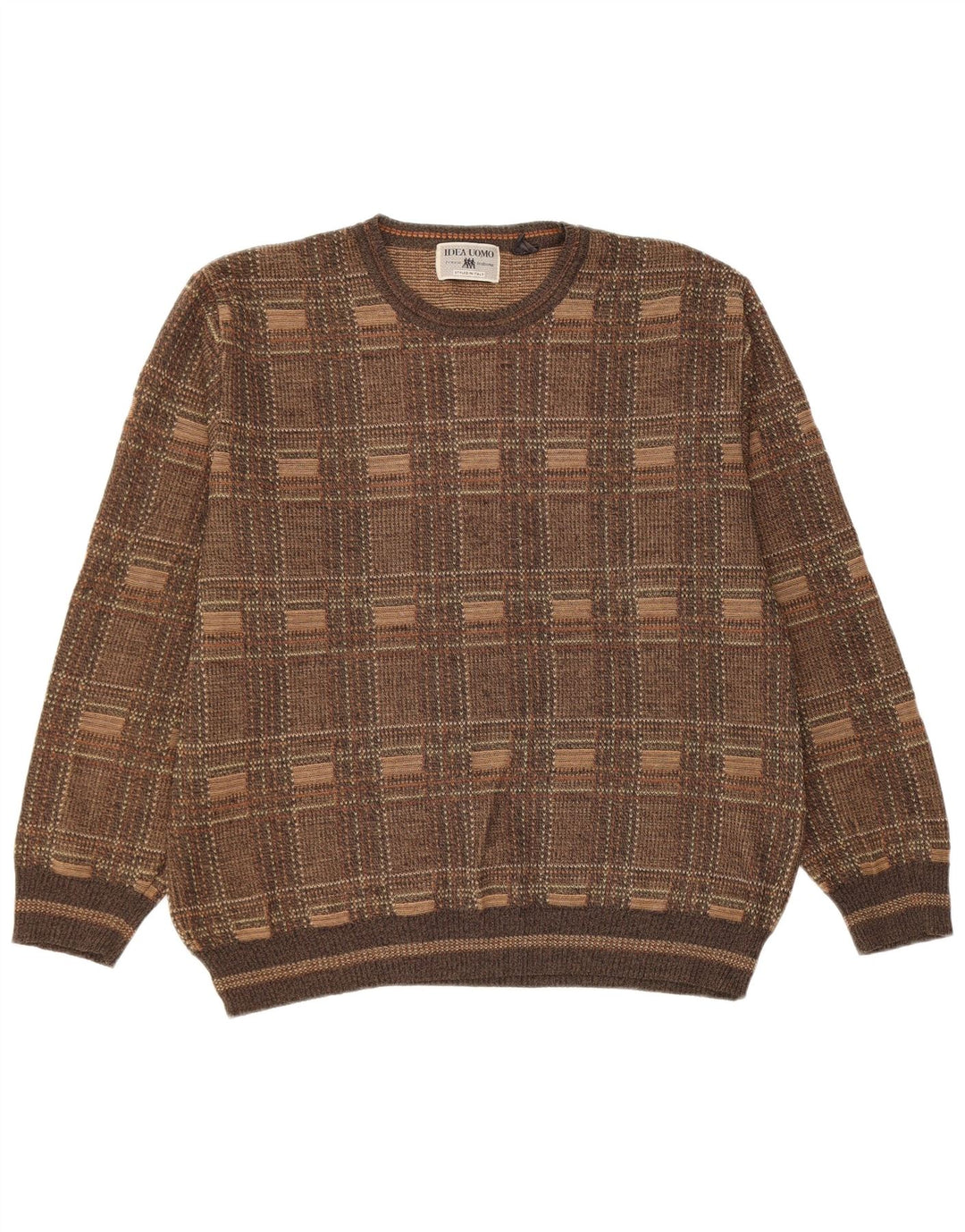Vintage męski sweter z okrągłym dekoltem, duża brązowa kratka