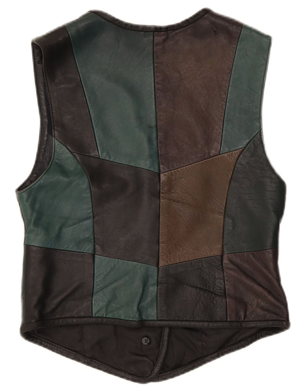Vintage Womens Leather Waistcoat IT 38 XS Black Patchwork Leather