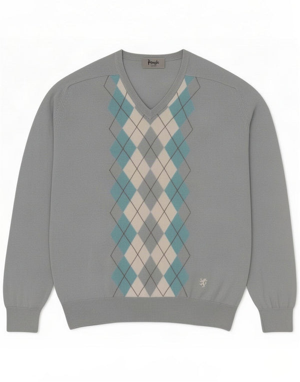 Pringle Mens V-Neck Jumper Sweater XL Blue Argyle/Diamond Lambswool