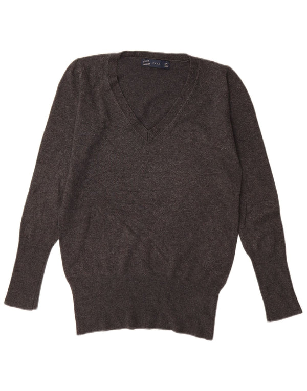 Sweter damski Zara z dekoltem w kształcie litery V, UK 12, średnioszary, sztuczny jedwab